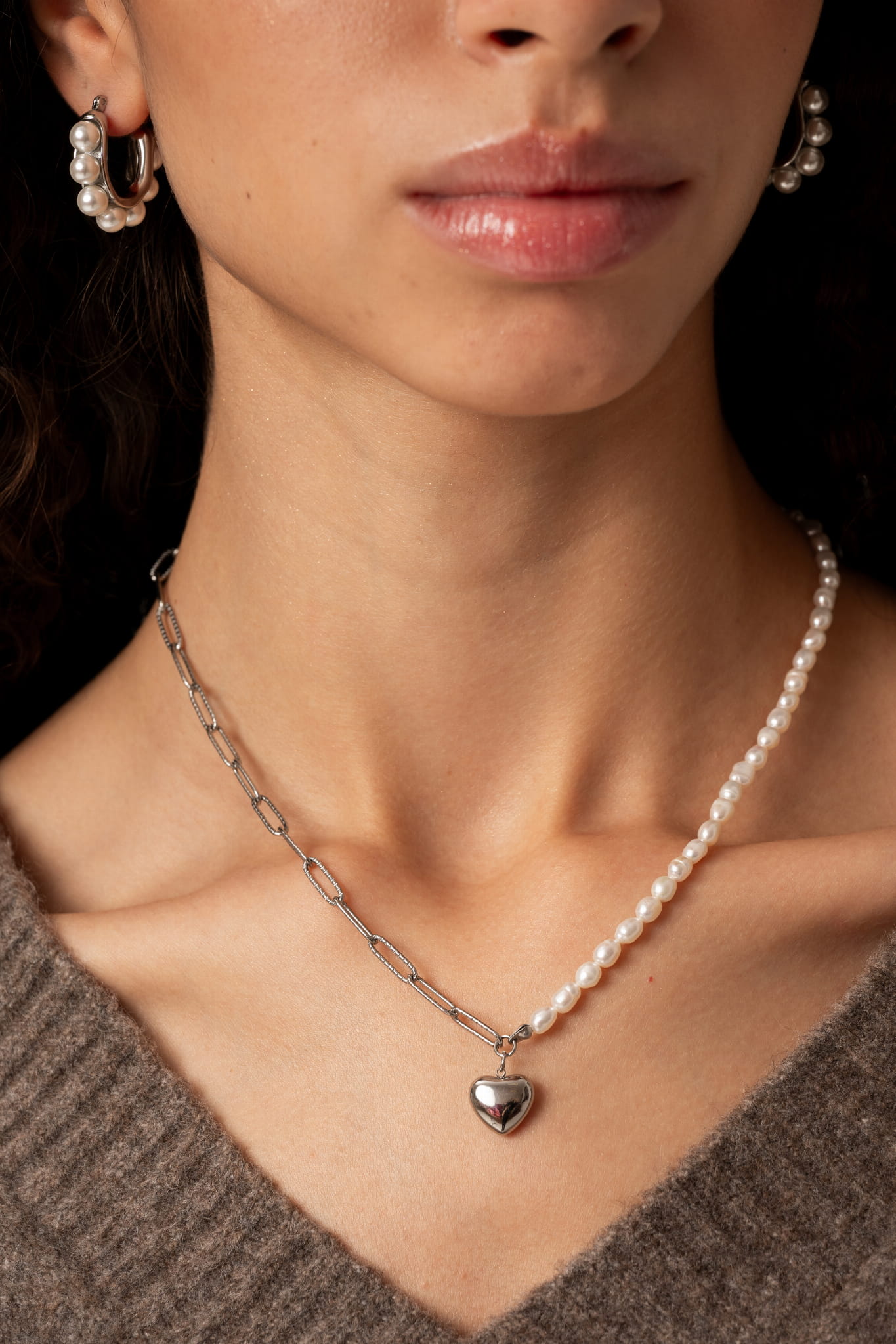 Naszyjnik z pereł-łańcuchem i zawieszką w kształcie serca - Isola Silver